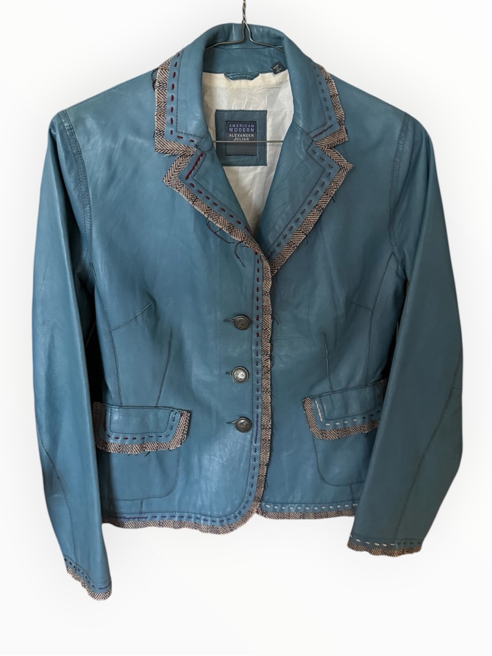 American Modern Alexander Julian Blue Leather Jacket Brown Whipstitch Trim S